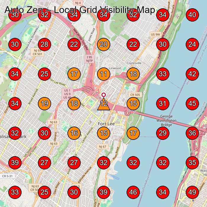 Auto Zen GeoGrid visibility map for Used Car Dealer in Fort Lee